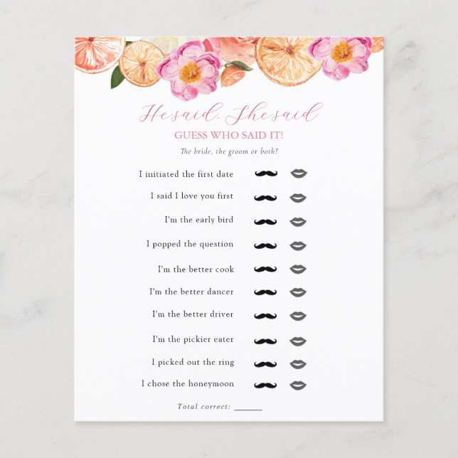 ピンクの柑橘彼は、彼女はブライダルシャワーゲームを言った (正面)