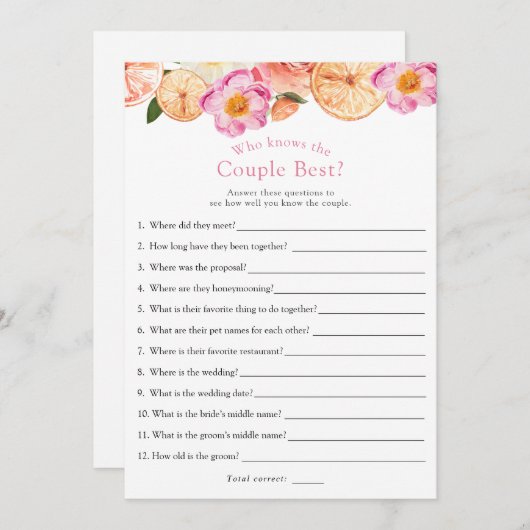 ピンクの柑橘彼は、彼女はブライダルシャワーゲームを言った 招待状 (正面/裏面)