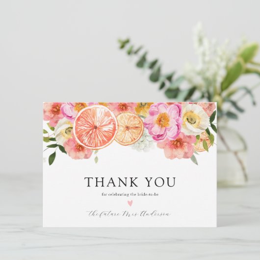 ピンクの柑橘系花ブライダルシャワーありがとう サンキューカード (スタンド正面)