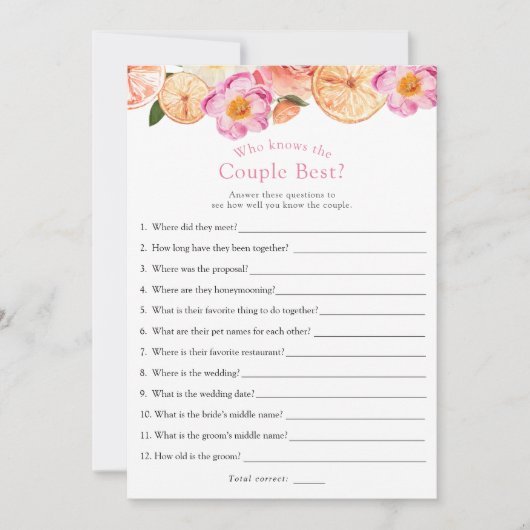 ピンクの柑橘系 ハイ・セッド・シー・セッド ブライダルシャワーゲーム 招待状 (正面)