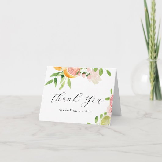 ピンクの柑橘類のブライズシャワーのお礼 サンキューカード (正面)