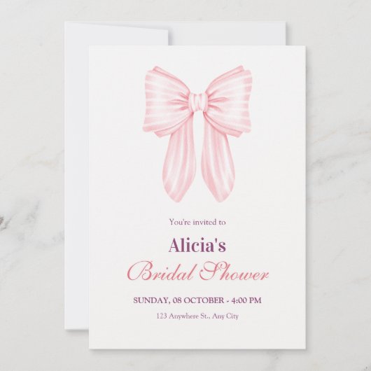 ピンクの柔らかいリボンブライダルシャワー 招待状 (正面)
