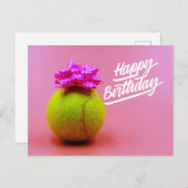 ピンクの柱にハッピーバースデーの語が付いたテニスボール ポストカード (正面/裏面)