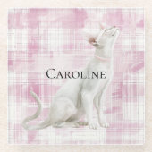 ピンクの格子柄の白猫 ガラスコースター (正面)