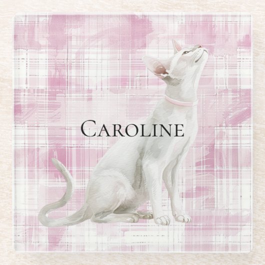 ピンクの格子柄の白猫 ガラスコースター (正面)