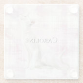 ピンクの格子柄の白猫 ガラスコースター (裏面)