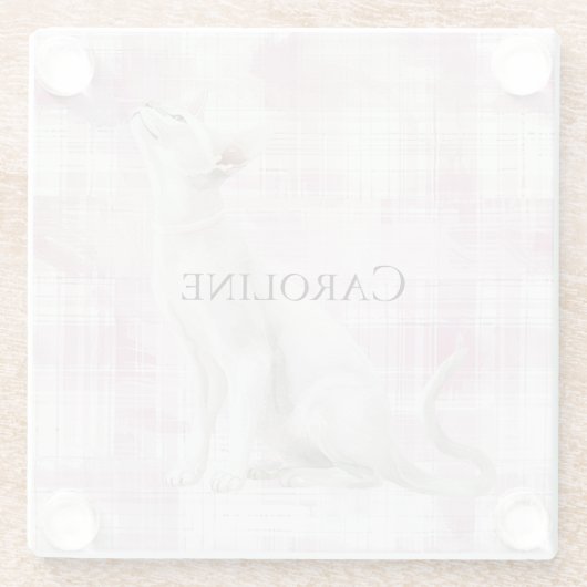 ピンクの格子柄の白猫 ガラスコースター (裏面)