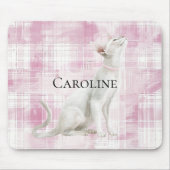 ピンクの格子柄の白猫 マウスパッド (正面)