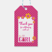 ピンクの格子柄、春フローラの女の子のシャワー感謝してい ギフトタグ (正面)