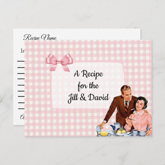 ピンクの格子模様のテーブルクロ結婚スのレシピカード ポストカード (正面/裏面)