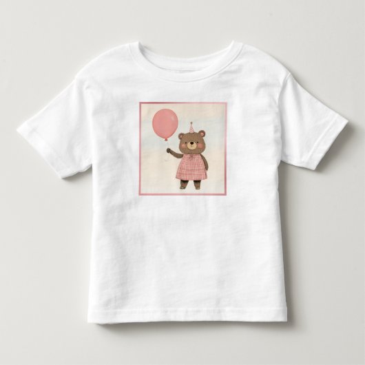ピンクの格子模様のドレスベアと弓と帽子 トドラーTシャツ (正面)