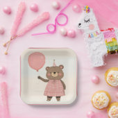 ピンクの格子模様のドレスベアと弓と帽子 ペーパープレート (パーティー)