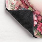 ピンクの格子模様のハートと花 マウスパッド (コーナー)