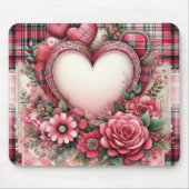 ピンクの格子模様のハートと花 マウスパッド (正面)