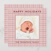 ピンクの格子模様の写真クリスマス シーズンカード (正面/裏面)