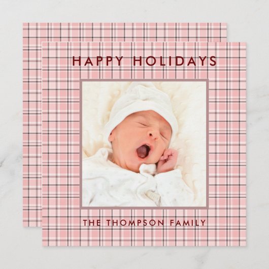 ピンクの格子模様の写真クリスマス シーズンカード (正面/裏面)