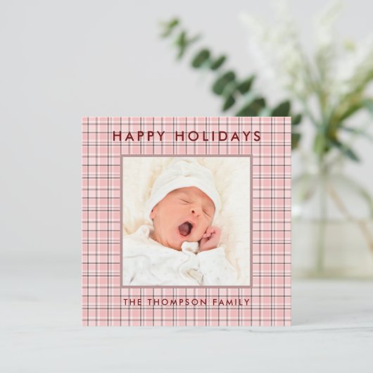ピンクの格子模様の写真クリスマス シーズンカード (スタンド正面)
