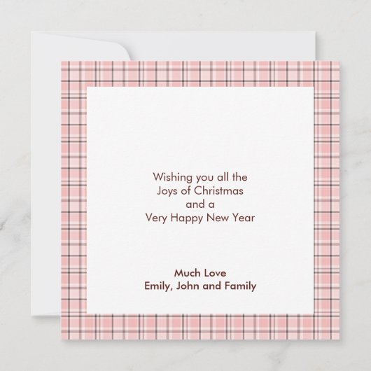 ピンクの格子模様の写真クリスマス シーズンカード (裏面)