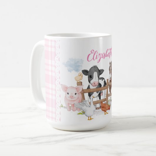 ピンクの格子模様の国産動物 コーヒーマグカップ (正面左)