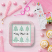 ピンクの格子模様の正方形の水色クリスマスツリー ペーパープレート (パーティー)