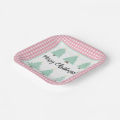 ピンクの格子模様の正方形の水色クリスマスツリー ペーパープレート (傾斜あり)