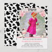ピンクの格子模様の牛のプリント ピンクの花のフォト 誕生日 招待状 (正面/裏面)