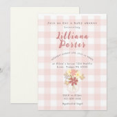 ピンクの格子模様の花のベイビーシャワー招待状 招待状 (正面/裏面)