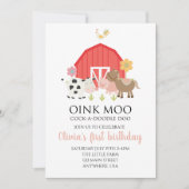 ピンクの格子模様の農園動物の誕生日の招待 招待状 (正面)