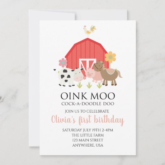 ピンクの格子模様の農園動物の誕生日の招待 招待状 (正面)