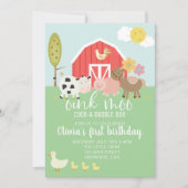 ピンクの格子模様の農園動物の誕生日の招待 招待状 (正面)