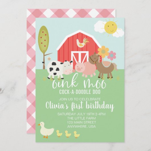 ピンクの格子模様の農園動物の誕生日の招待 招待状 (正面/裏面)
