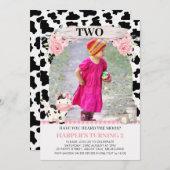 ピンクの格子牛プリントピンクフローラ写真誕生日 招待状 (正面/裏面)
