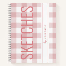 ピンクの格子縞のスケッチブパーソナライズされたック名