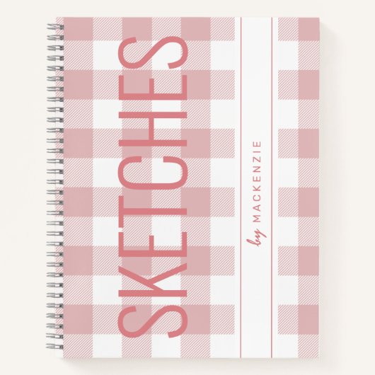 ピンクの格子縞のスケッチブパーソナライズされたック名 ノートブック (正面)