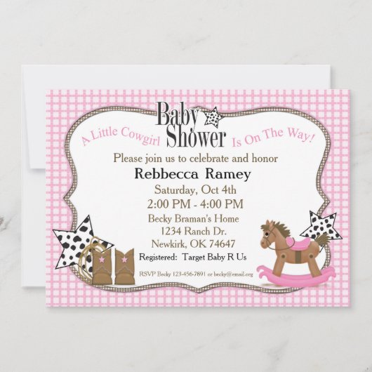 ピンクの格子縞の女性のカーボーイのベビーシャワー 招待状 (正面)