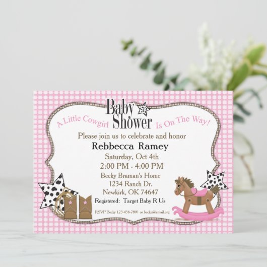 ピンクの格子縞の女性のカーボーイのベビーシャワー 招待状 (スタンド正面)