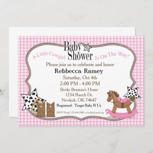 ピンクの格子縞の女性のカーボーイのベビーシャワー 招待状 (正面/裏面)