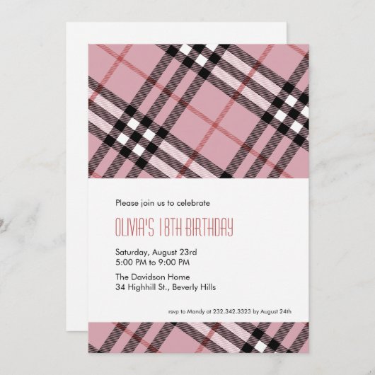 ピンクの格子縞の招待状 招待状 (正面/裏面)