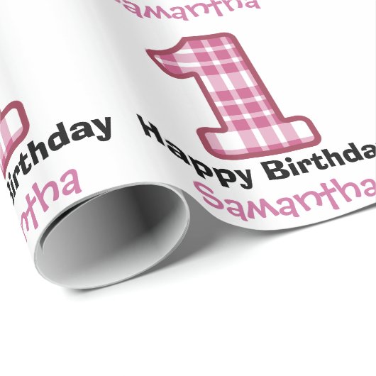 ピンクの格子縞の最初誕生日の名前をカスタムするA08 ラッピングペーパー (ロールコーナー)