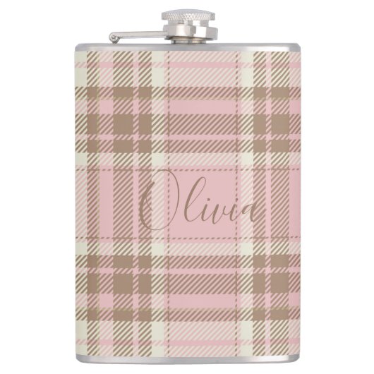 ピンクの格子縞の茶色の格子縞の水の色の花嫁ギフト フラスク (正面)