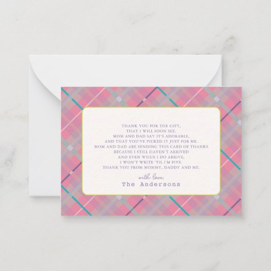 ピンクの格子縞テディベア赤ちゃんシャワーありがとう ノートカード (裏面)