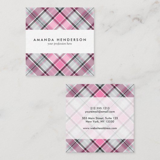 ピンクの格子縞パターン上品 スクエア名刺 (正面/裏面)