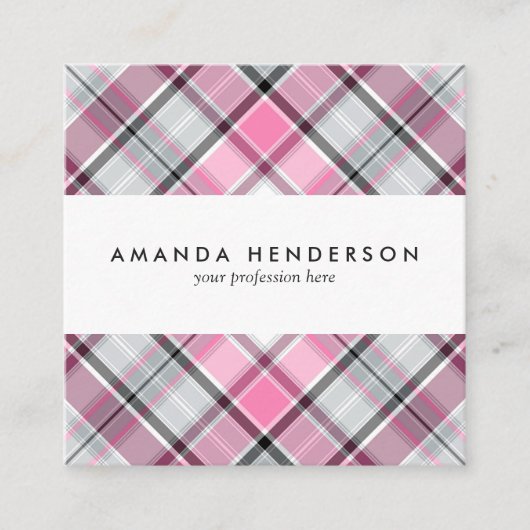 ピンクの格子縞パターン上品 スクエア名刺 (正面)