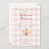 ピンクの格子花の赤ちゃんシャワー招待状 招待状 (正面/裏面)