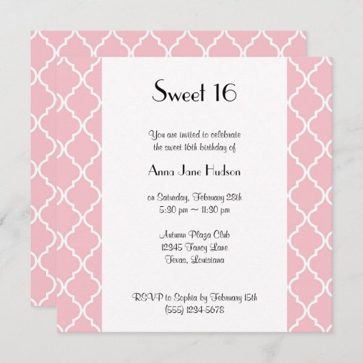 ピンクの格子，クローバー，トレリス，甘い16 招待状 (正面/裏面)