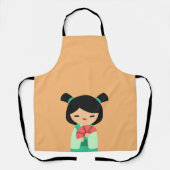 ピンクの桃とアクアコケシ日本のの人形 エプロン (正面)