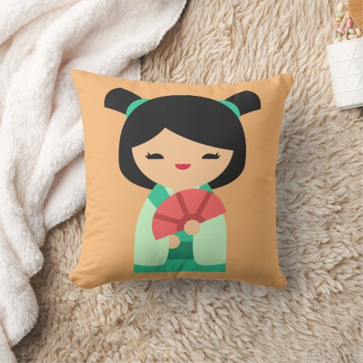 ピンクの桃とアクアコケシ日本のの人形 クッション (ブランケット)