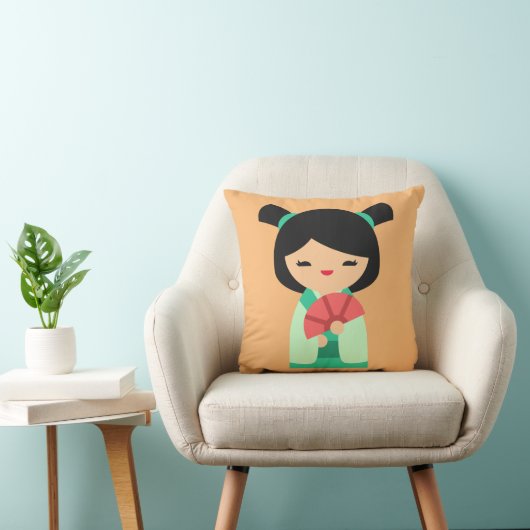 ピンクの桃とアクアコケシ日本のの人形 クッション (椅子)