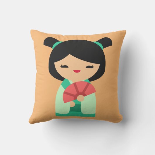 ピンクの桃とアクアコケシ日本のの人形 クッション (裏面)