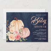 ピンクの桃のカボチャの花のネイビーブルーのベイビーシャワー 招待状 (正面)